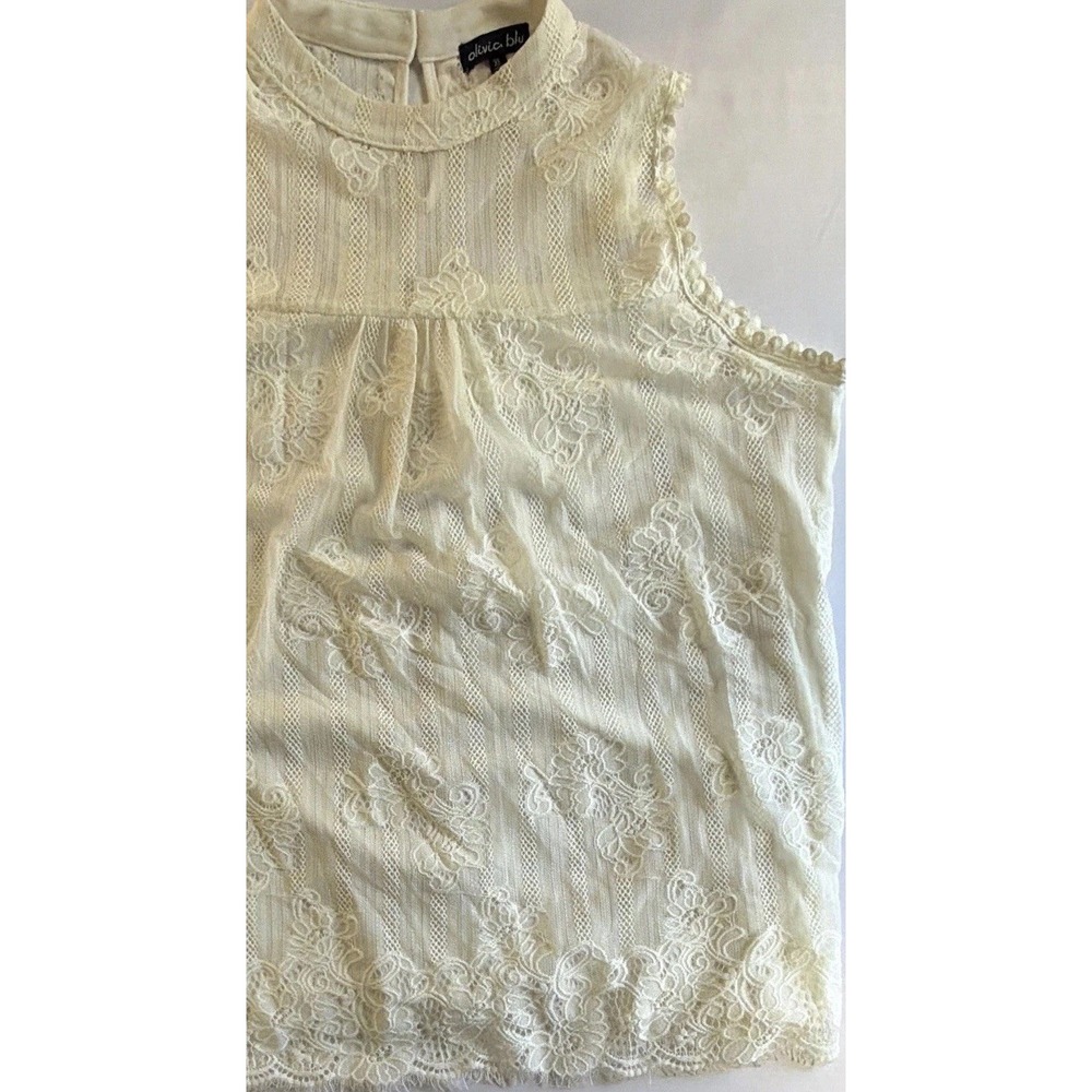 Olivia Blu Ivory Lace Sleeveless Mock Neck Blouse – Floral Embroidered Top XL